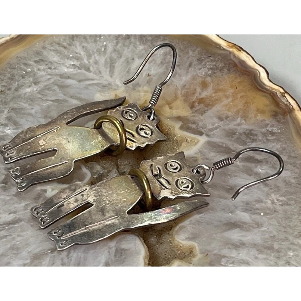 Silver and Gold Cat Dangle Earrings - Women's Jewelry - Picture 13 of 16